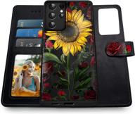 🌸 shields up galaxy s21 ultra wallet case: detachable magnetic vegan leather cover with card slots & wrist strap - rose flower/sunflower logo