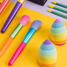 img 2 attached to 15 Pcs Colourful Makeup Brush Set with Premium Synthetic Kabuki Bristles and Rainbow Design - Includes 2PCs Color Makeup Sponge Powder Puff (Colour)