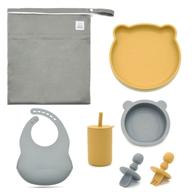 100% bpa-free first stage baby feeding set: waterproof wet bag, baby-led weaning supplies, strong suction baby plate, and bowl set with food grade bib, spoon, fork, sippy cup, bowl, and plate logo