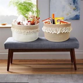 img 2 attached to 🧺 Charming Lace Decorative Baskets - Stylish Rope Woven Storage Baskets for Shelves, Nursery Organization, and Baby Toy Storage (Khaki-01)