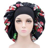 wide band large satin bonnet cap for women - silky bonnet for curly hair, hair wrap for sleeping - double layers (black flowers) logo