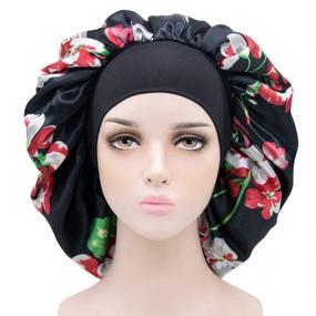 img 1 attached to Wide Band Large Satin Bonnet Cap for Women - Silky Bonnet for Curly Hair, Hair Wrap for Sleeping - Double Layers (Black Flowers)