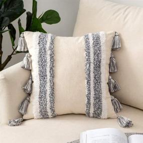 img 4 attached to 🌼 Boho Decorative Throw Pillow Cover: Tufted Woven Tribal Pillowcase with Tassels - Farmhouse Square Cushion Case for Sofa Couch Bedroom Living Room (18x18 Inch Grey)