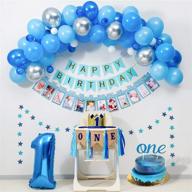 🎉 baby boy 1st birthday decorations blue party supplies for highchair banner, royal prince crown, happy birthday banner, 12 months photo banner, blue silver balloon garland kit, and one cake topper - perfect for first birthday celebration! логотип