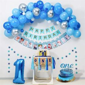 img 4 attached to 🎉 Baby Boy 1st Birthday Decorations BLUE Party Supplies for Highchair Banner, Royal Prince Crown, Happy Birthday Banner, 12 Months Photo Banner, Blue Silver Balloon Garland Kit, and ONE Cake Topper - Perfect for First Birthday Celebration!