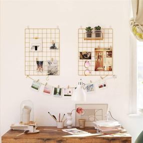 img 1 attached to 🖼️ SONGMICS Grid Photo Wall Set: 2 Wire Wall Grid Panels for Picture Display - DIY Hanging Photo Wall with S Hooks, Clips & Hemp Cord - 16.5 x 12.2 Inches - Golden ULPP01GD