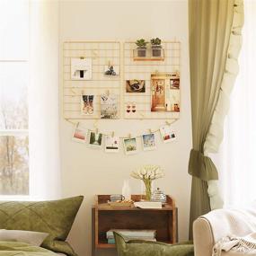 img 2 attached to 🖼️ SONGMICS Grid Photo Wall Set: 2 Wire Wall Grid Panels for Picture Display - DIY Hanging Photo Wall with S Hooks, Clips & Hemp Cord - 16.5 x 12.2 Inches - Golden ULPP01GD