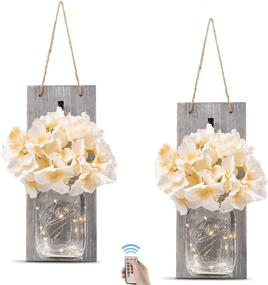 img 4 attached to 🏡 Rustic Wall Sconces - Mason Jar Sconces, Rustic Home Decor with Wrought Iron Hooks, Silk Hydrangea and LED Strip Lights, 6 Hour Timer, Set of 2 for Home Decoration