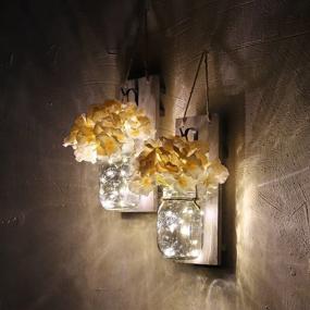 img 3 attached to 🏡 Rustic Wall Sconces - Mason Jar Sconces, Rustic Home Decor with Wrought Iron Hooks, Silk Hydrangea and LED Strip Lights, 6 Hour Timer, Set of 2 for Home Decoration