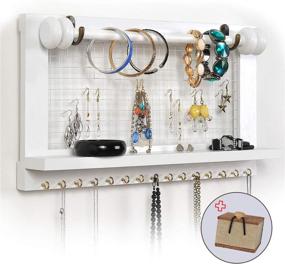 img 3 attached to White Wall-Mounted Jewelry Organizer with Shelf, Farmhouse Wooden Earring Holder, Hanging Hooks for Necklaces, Removable Rod for Bracelets - Basic White