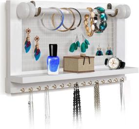 img 4 attached to White Wall-Mounted Jewelry Organizer with Shelf, Farmhouse Wooden Earring Holder, Hanging Hooks for Necklaces, Removable Rod for Bracelets - Basic White