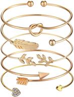 set of 5 adjustable bangle rose gold bracelets for women and 🌹 girls - heart, olive leaf, arrow, feather, knot heart. open cuff bracelet set logo