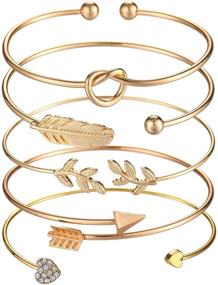 img 4 attached to Set of 5 Adjustable Bangle Rose Gold Bracelets for Women and 🌹 Girls - Heart, Olive Leaf, Arrow, Feather, Knot Heart. Open Cuff Bracelet Set