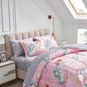 img 4 attached to 🦄 Queen Size Unicorn Pink Comforter Set for Kids Girls - 7-Piece Bed-in-a-Bag Including Soft Microfiber Reversible Comforter, 2 Pillow Shams, Flat Sheet, Fitted Sheet, and 2 Pillowcases