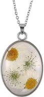 fm fm42 multicolor daisy pressed flowers queen anne's lace transparent oval pendant necklace: a vibrant and elegant accessory (available in 4 colors) logo