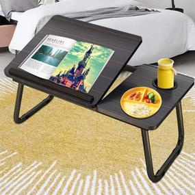 img 4 attached to Portable Laptop Desk for Bed with Adjustable Height and Cup Holder - Asltoy Foldable Lap Desk Stand, Notebook Desk Tray for Bed, Lap Tablet Stand (BK)