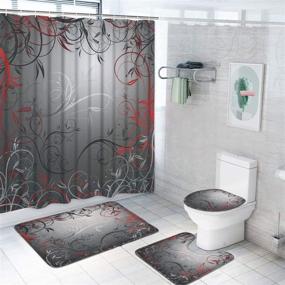 img 4 attached to 🚿 Red and Grey Black Leaves Shower Curtain Sets with Non-Slip Rug, Toilet Lid Cover, and Bath Mat - Mystic Vine Design with 12 Hooks. Waterproof and Durable Shower Curtain for Bathroom