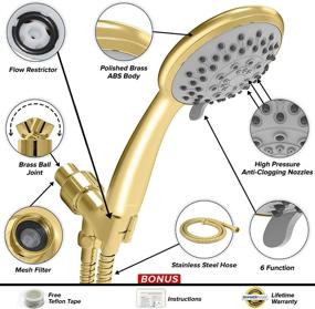 img 1 attached to 🚿 ShowerMaxx Choice Series 4 inch Hand Held Shower Head - 6 Spray Settings, Extra Long Stainless Steel Hose - MAXXimize Your Shower! (Polished Brass/Gold Finish)