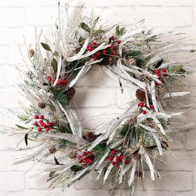 img 4 attached to 🎄 24-inch Snow Flocked Pine Cone Grapevine Frosted Wreath with Red Berries Eucalyptus - LOHASBEE Artificial Christmas Wreath for Front Door Winter Christmas Home Hanging Wall Window Party Decor