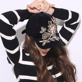 img 3 attached to 🧢 Lace Flower Rhinestone Denim Jean Snapback Hip Hop Hat for Women - Bling Baseball Cap