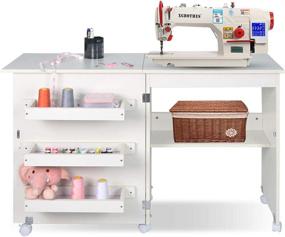 img 4 attached to 🧵 Multifunctional Folding Sewing Table with Storage Shelves - Portable Sewing Machine Cart and Craft Cabinet Rolling Desk with Lockable Casters - Ideal for Sewing and Computer Work (White)