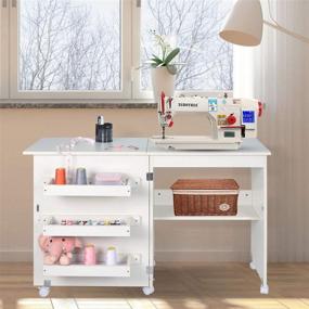 img 3 attached to 🧵 Multifunctional Folding Sewing Table with Storage Shelves - Portable Sewing Machine Cart and Craft Cabinet Rolling Desk with Lockable Casters - Ideal for Sewing and Computer Work (White)