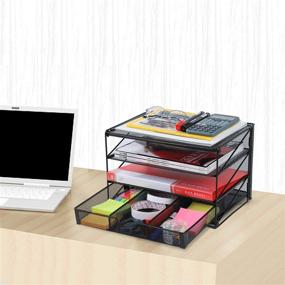 img 3 attached to Black Mesh Desk File Organizer with 3 Tier Shelf Sorter, Drawer and Paper Letter Tray by Veesun