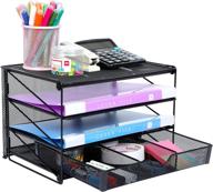 black mesh desk file organizer with 3 tier shelf sorter, drawer and paper letter tray by veesun логотип