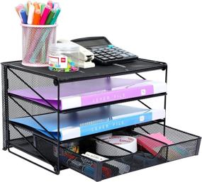 img 4 attached to Black Mesh Desk File Organizer with 3 Tier Shelf Sorter, Drawer and Paper Letter Tray by Veesun