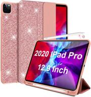 🌟 lapogy new ipad pro 12.9 case (4th generation) 2020 with pencil holder, charging, ultra slim magnetic trifold stand, tpu protective back cover for 12.9 inch - bling glitter, pink logo