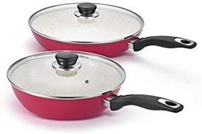 img 2 attached to 🍳 10''+11'' Nonstick Cookware Set: Ceramic Skillet with Glass Lids - 100% PTFE&amp;PFOA Free, Ergonomic Handle, Healthy Pans, Pink