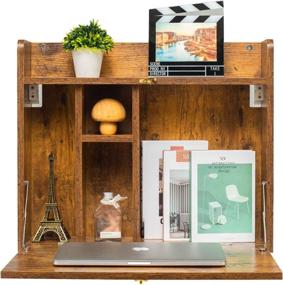 img 3 attached to KZHOME Wall Mounted Table: Space-Saving Laptop Desk with Storage Shelves for Home Office - Rustic Brown