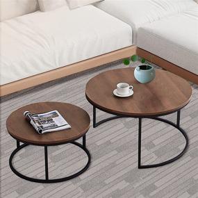 img 2 attached to 🔸 Contemporary Marble-Look Nesting Coffee Table Set - 2-Piece Brown Sofa Side Tables with Wood Tops, 32” & 24” Round End Tables