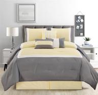 king size bedding set: 7-piece microfiber comforter set in sunshine yellow, grey, and white color block design. ideal for bedroom or guest room décor. logo