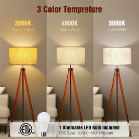 img 3 attached to Isloys Tripod Wood Floor Lamp - Mid Century Standing Lamp with 3 Color Temperature Options, Real Wood Frame, Flaxen Shade - Modern Tall Lamp for Living Room, Bedroom, Office (Includes Bulb)