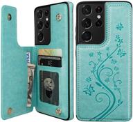 🦋 stylish vaburs wallet case with card holder for samsung galaxy s21 ultra (6.8"), green - embossed butterfly pattern, double magnetic buttons, flip design - shockproof pu leather logo