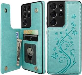 img 4 attached to 🦋 Stylish Vaburs Wallet Case with Card Holder for Samsung Galaxy S21 Ultra (6.8"), Green - Embossed Butterfly Pattern, Double Magnetic Buttons, Flip Design - Shockproof PU Leather