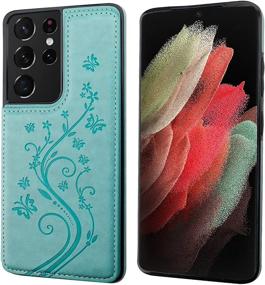 img 2 attached to 🦋 Stylish Vaburs Wallet Case with Card Holder for Samsung Galaxy S21 Ultra (6.8"), Green - Embossed Butterfly Pattern, Double Magnetic Buttons, Flip Design - Shockproof PU Leather