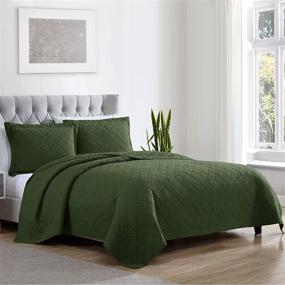 img 3 attached to EXQ Home Full/Queen Size Olive Green Quilt Set - 3 Piece Lightweight Microfiber Coverlet with Modern Style Squares Pattern Bedspread Set (1 Quilt, 2 Pillow Shams)