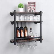 🍷 premium industrial wall mounted wine rack: 3-tier wood shelf, 4 stemware glass rack, bottle & glass holder – stylish home & kitchen décor логотип