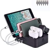 🔌 multi-device charging station with 6-port usb charger dock, fast 30w wall/desktop stand organizer for ipad, iphone, airpods, iwatch, kindle, tablet, smartphones - black logo