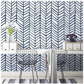 img 4 attached to HaokHome 96020-2 Modern Stripe Peel and Stick Wallpaper: Herringbone Navy Blue Vinyl for Bedroom Decor - Removable & Stylish 17.7in x 9.8ft
