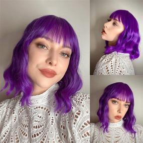 img 4 attached to Vroosar Purple Wavy Wigs: Stylish Short Curly Bob Wig With Bangs - Heat Resistant Synthetic Hair for Women's Cosplay & Parties (12inch)