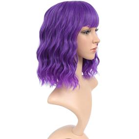 img 1 attached to Vroosar Purple Wavy Wigs: Stylish Short Curly Bob Wig With Bangs - Heat Resistant Synthetic Hair for Women's Cosplay & Parties (12inch)