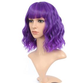 img 2 attached to Vroosar Purple Wavy Wigs: Stylish Short Curly Bob Wig With Bangs - Heat Resistant Synthetic Hair for Women's Cosplay & Parties (12inch)