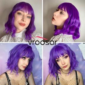 img 3 attached to Vroosar Purple Wavy Wigs: Stylish Short Curly Bob Wig With Bangs - Heat Resistant Synthetic Hair for Women's Cosplay & Parties (12inch)