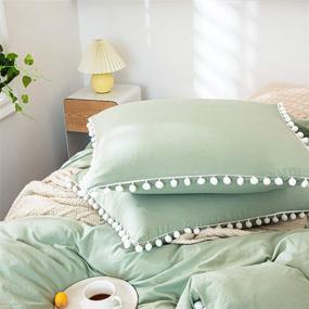 img 2 attached to Sage Green Pom Pom Bedding Set with Pompom Fringe - Duvet Cover & Pillowcase - Twin Size - Boho Chic Solid Bedding - Bedbay