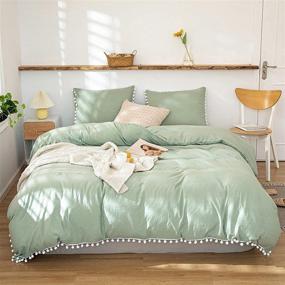img 3 attached to Sage Green Pom Pom Bedding Set with Pompom Fringe - Duvet Cover & Pillowcase - Twin Size - Boho Chic Solid Bedding - Bedbay