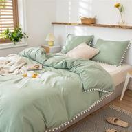 sage green pom pom bedding set with pompom fringe - duvet cover & pillowcase - twin size - boho chic solid bedding - bedbay logo