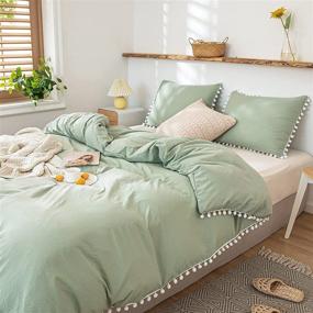 img 4 attached to Sage Green Pom Pom Bedding Set with Pompom Fringe - Duvet Cover & Pillowcase - Twin Size - Boho Chic Solid Bedding - Bedbay